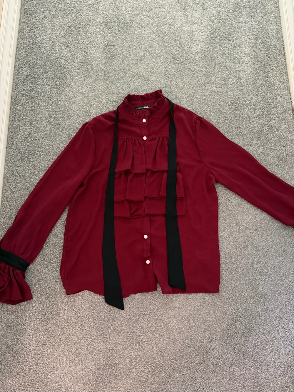 SHEIN Burgundy Ruffle Tie-Neck Blouse with Black Bow